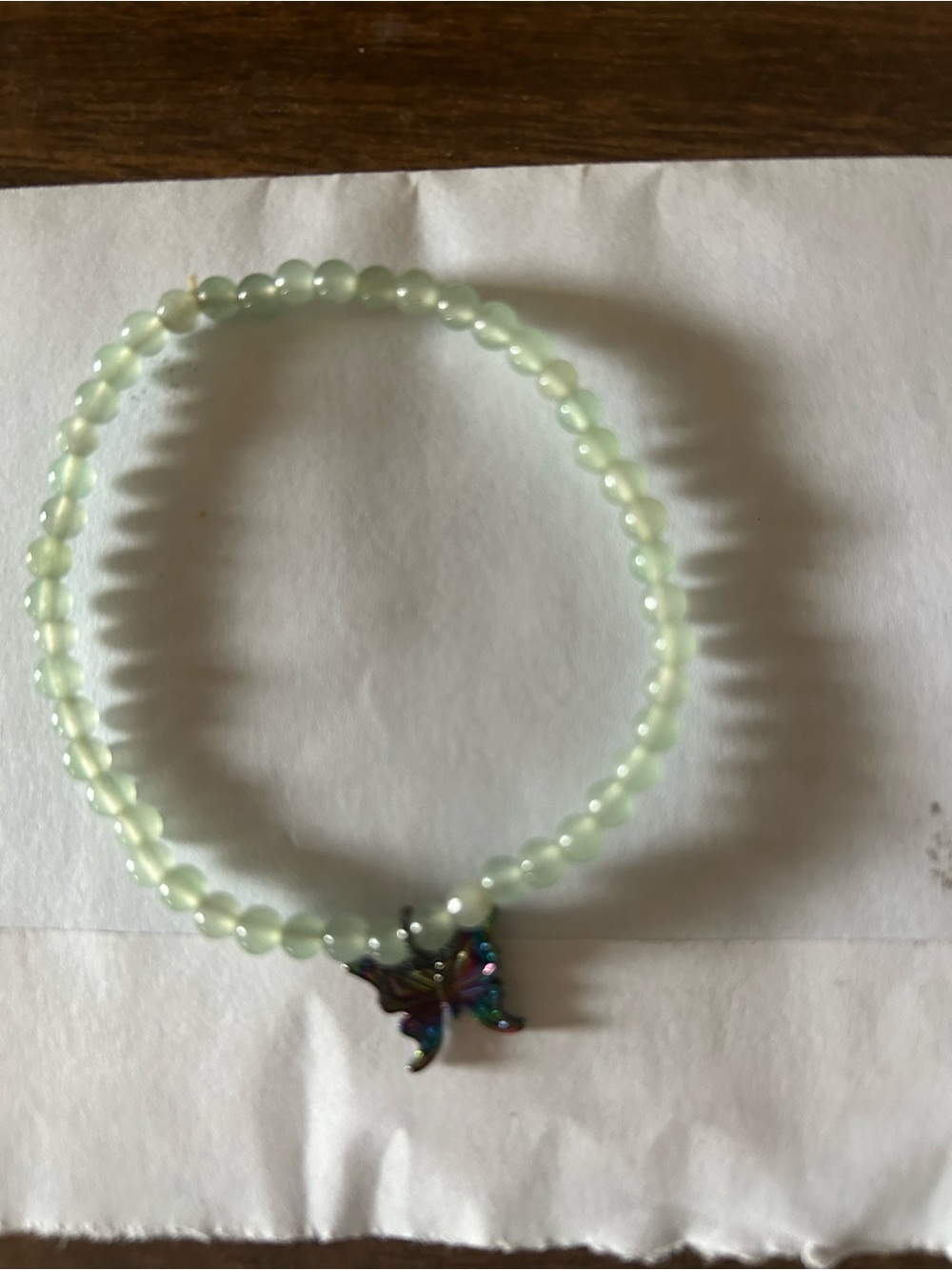 2 bracelets Light Green Beaded Bracelet with Iridescent Butterfly Charm